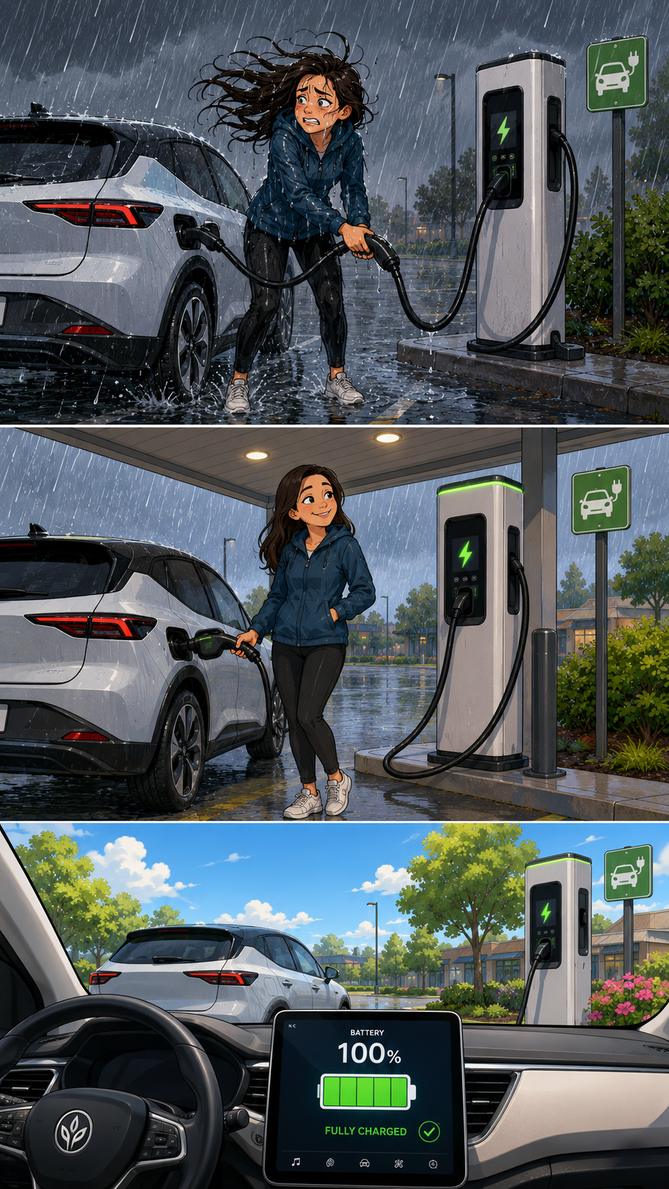 Three panels: an EV driver soaked in pouring rain, the same driver under a sheltered charging canopy, and the car's dashboard showing 100% charged